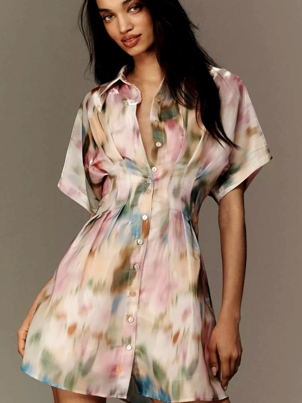Tobi Watercolor Button-Front Mini Dress in Pink & Blue Wash